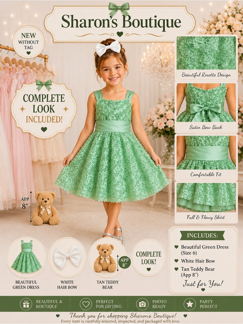 NWT Rare Editions Mint Green Rosette Dress Girls 6 w/ Hair Bow & Teddy Bear